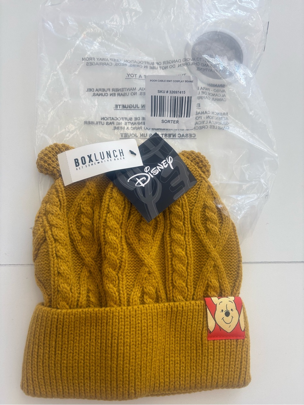 Disney Kids Winnie the Pooh Mustard Cable Knit Beanie with Ear Poms